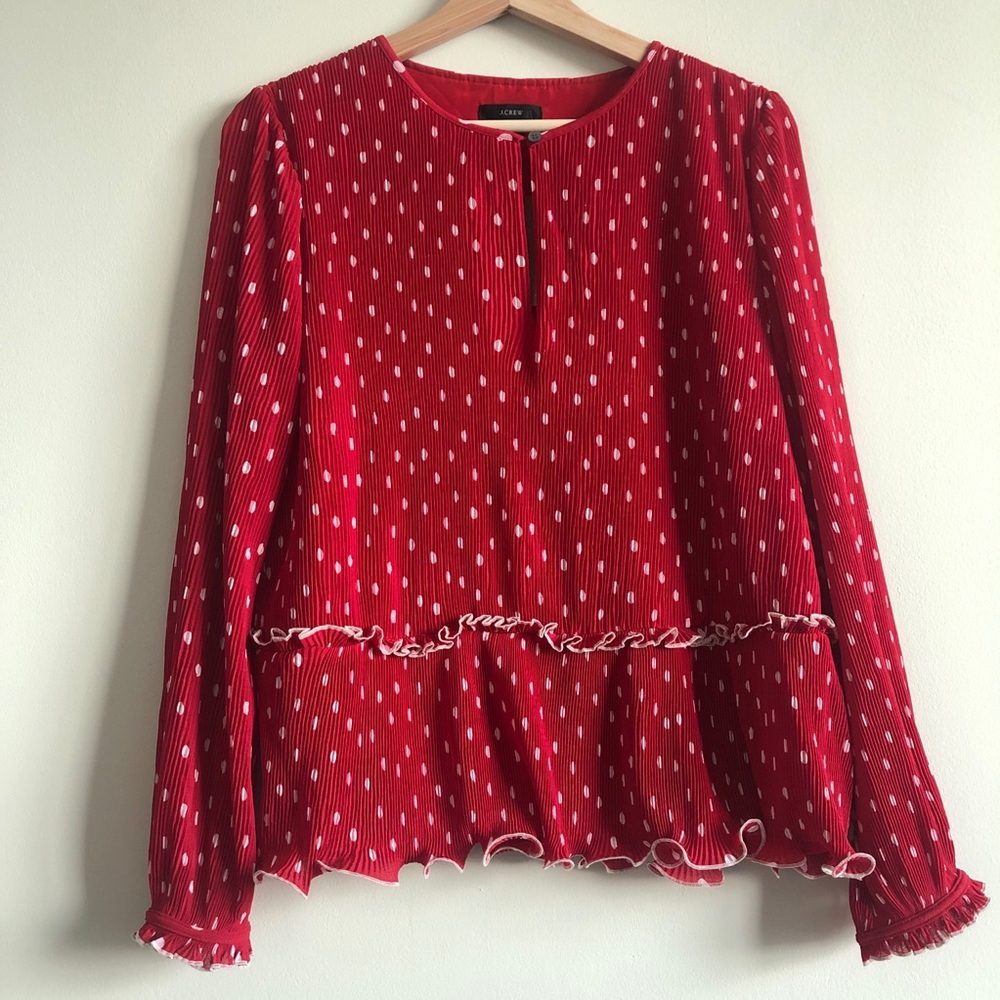 J.Crew Ruffle-trim Pleated Peplum Top in Polka Dot